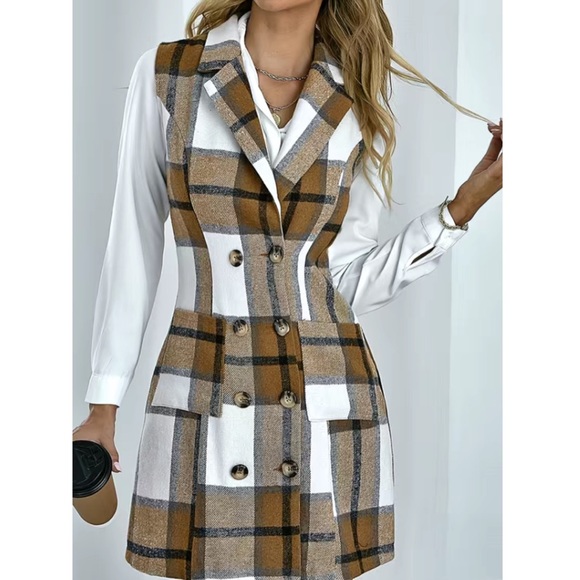 Double Breasted Brown Plaid Vest Button Down Mini Dress - Picture 4 of 16
